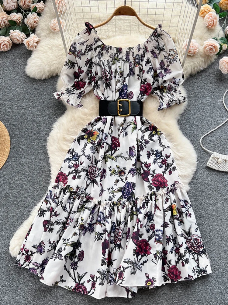 

FTLZZ Summer Elegant Women Slash Neck Ruffled Empire Slim Dress Vintage Lady Floral Print Dress Casual A-line Dress with Belt