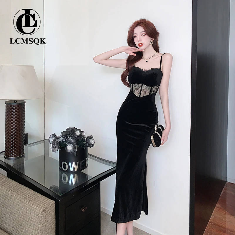 

Пикантное платье миди, платья для женщин 2023, корейские модные новые платья, женская элегантная Длинная черная женская одежда