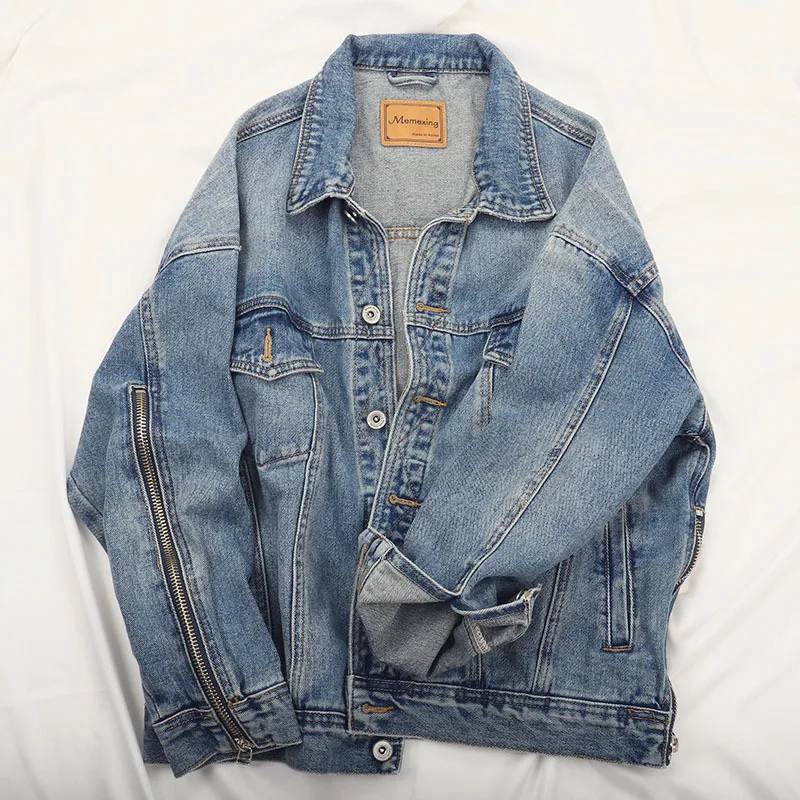 

Vintage Blue Denim Jacket Women Spring Korean Loose Short Cowboy Outwear Zipper Long Sleeve Big Pocket Jeans Jacket Coat Female