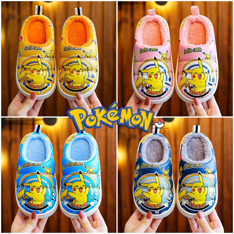 Детские зимние тапочки Pokemon Pikachu из хлопка с водонепроницаемой подошвой, мягкий плюш, милый карикатурный мальчик-девочка внутри помещения.