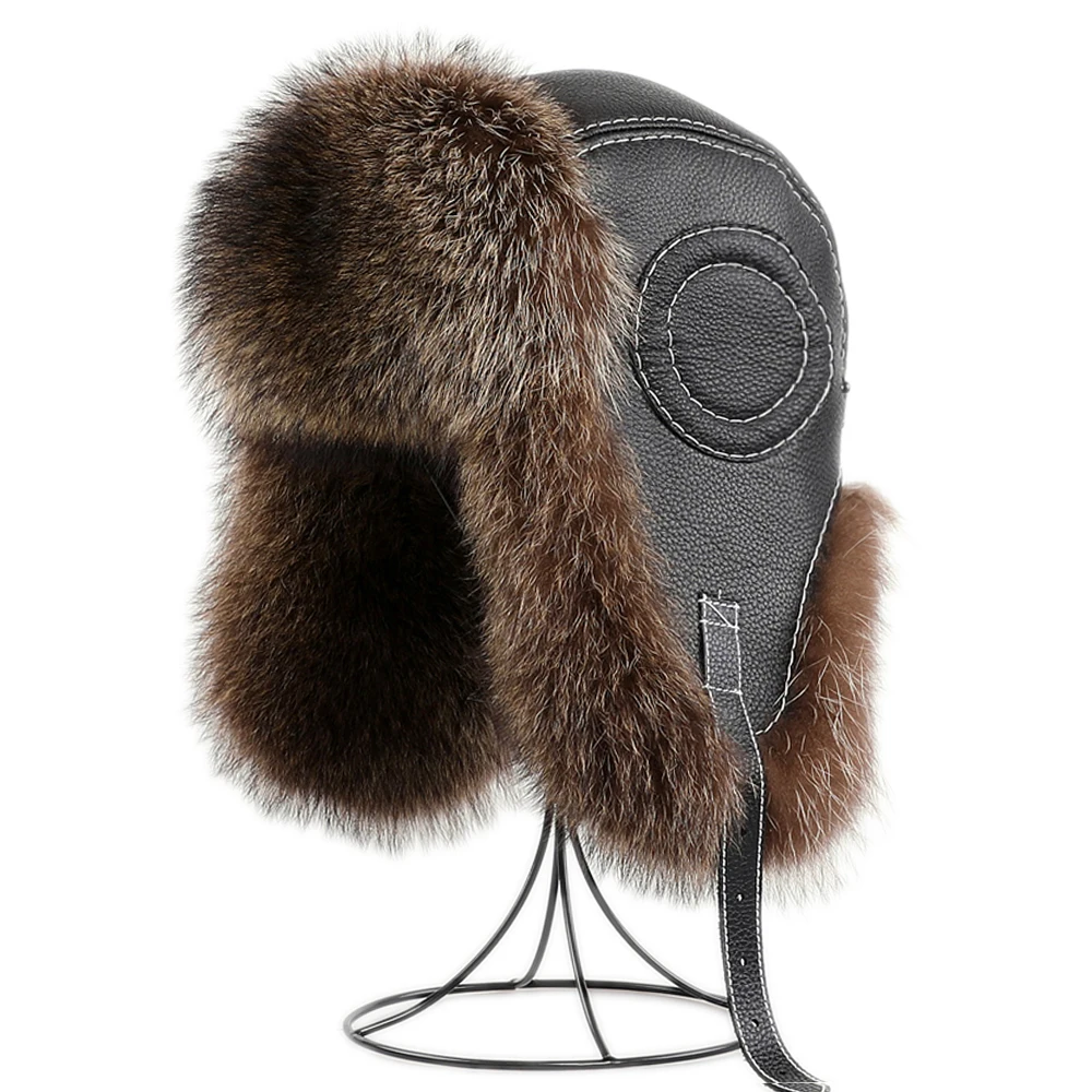 

Unisex Winter Men's 100% Real America Raccoon Fur Bomber Hat Ushanka Cap Trapper Russian Woman Ski Hats Caps Sheepskin Leather