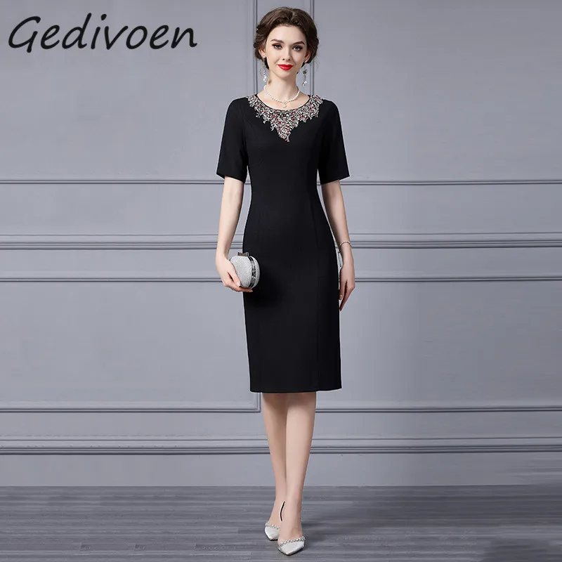 Gedivoen Summer Fashion Runway Vintage Black Package Buttock Dress Women's O-Neck Nail Bead Holiday Party High Waist Midi Dress