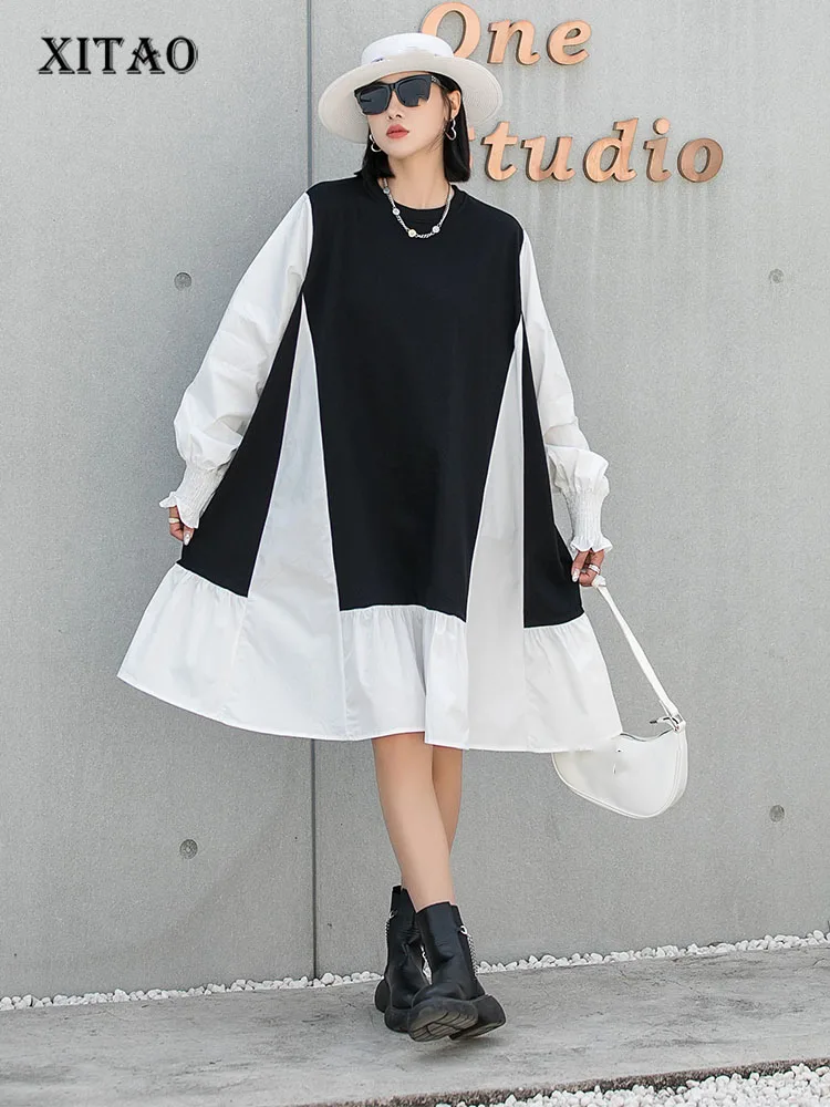 

XITAO Hit Color Dress Fashion Plus Size Goddess Fan Ruffle Patchwork Small Fresh Full Sleeve Minority Loose Dress WMD5372