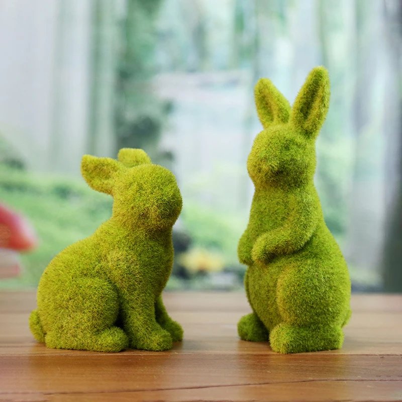 

Green Flocking Bunny Crafts Artificial Rabbit Handmade Grass Turf Animal Easter Gifts Multiple Postures Ornament Home Decor