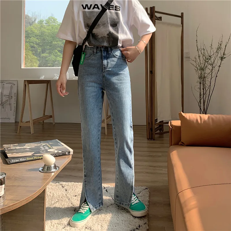 

DD2878 New style slit high waist jeans women's micro flared pants straight wide leg pants jeans