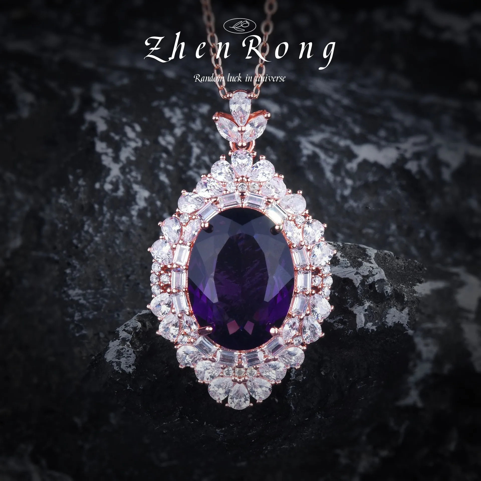 

Luxury European American Women's Fashion Oval Amethyst Purple Pendant Necklaces For Women Elegant Banquet Party Accessories