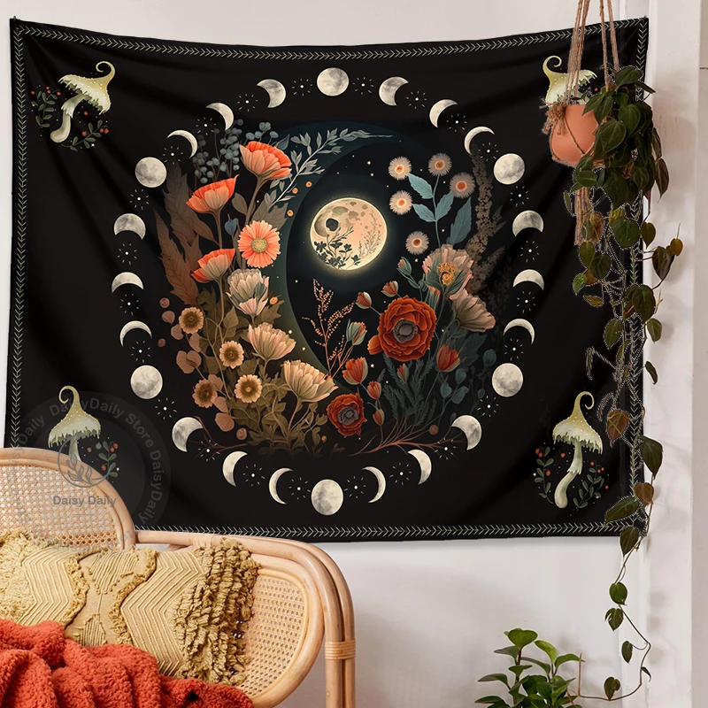 

Moon Floral Tapestry Wall Hanging Botanical Celestial Floral Mushroom Boho Psychedelic Wall Carpets Dorm Home Decor Starry Sky
