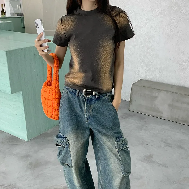 Уличный модный винтажный Повседневный флуоресцентный градиентный кроп-топ с