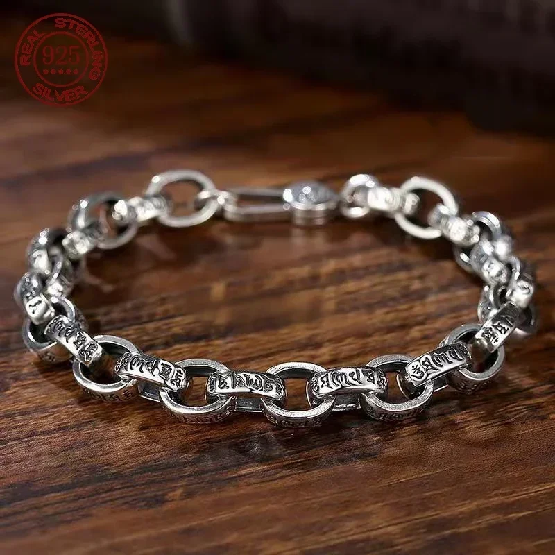 

S925 Sterling Silver New Six Character Mantra Bracelet Men Women Retro Trend Punk Jewelry Gift