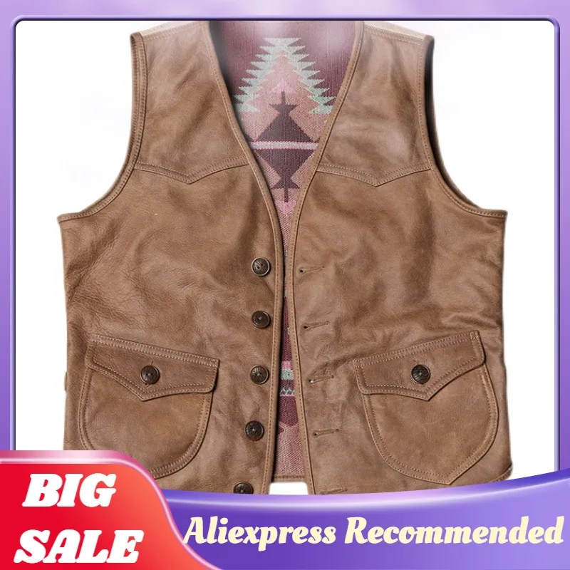 

Жилет мужской из натуральной кожи, коричневого цвета, однобортный, с двумя карманами, 2021, 4XL, весна, приталенный, короткий пиджак