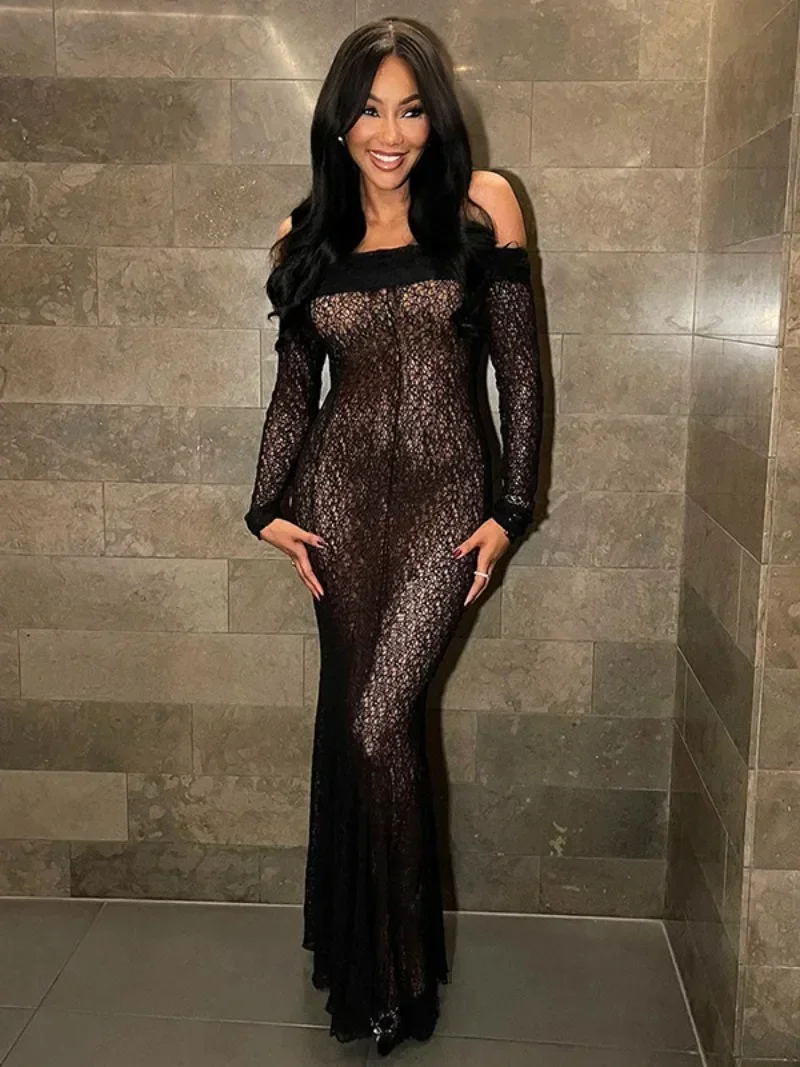 

Elegant Woman 2024 Slash Neck Long Sleeve Hollow Out Black Evening Dress Female Off Shoulder See-through Long Maxi Party Dresses