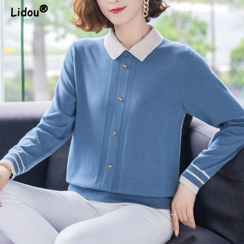 

Autumn Winter Polo-Neck Elegant Fashion Knitted Pullovers for Women 2022 Office Lady Button Oversized Tops Bottoming Chic Shirt