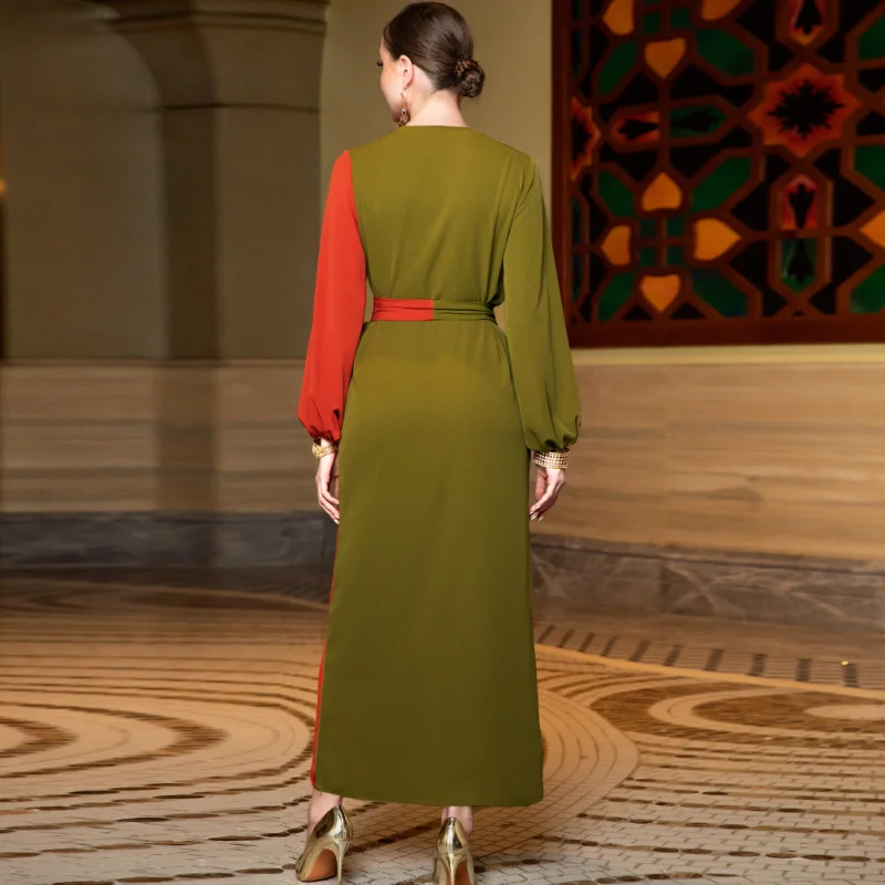 Military Green Orange Red Color Block Fashion Muslim Moroccan Kaftan Dubai Dress Rhinestone Tassel Tape Trim Lantern Sleeve Eid