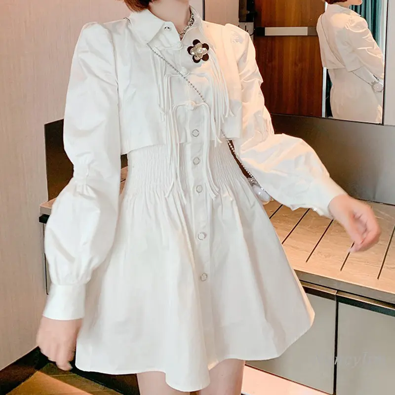 

White Shirt Dress for Women 2022 Autumn Vintage Buckle Tassel Three-Dimensional Flower Pleated Waist Tight Long Sleeve Dresses