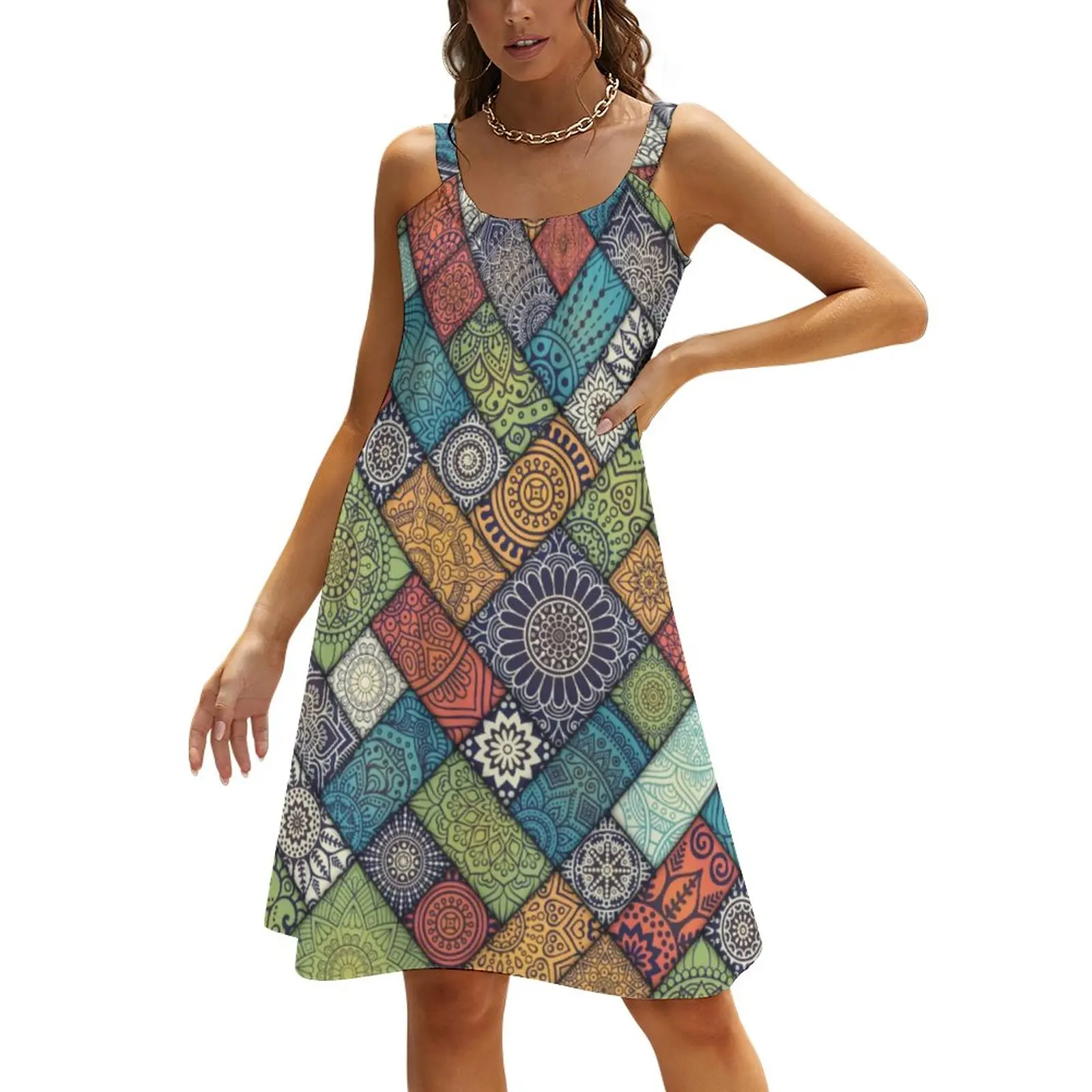 Retro Mandala Dress Elegant Diagonal Floral Kawaii Dresses Women Strap Casual Loose A Line Sundress Summer Oversized Clothing