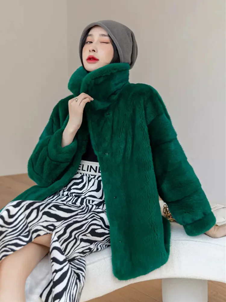 

Real Imported Velvet Mink Fur Coats Women Female Winter Wram Green Overcoats Whole Fur Stand Collar Cold Thick Jackets 2023 New