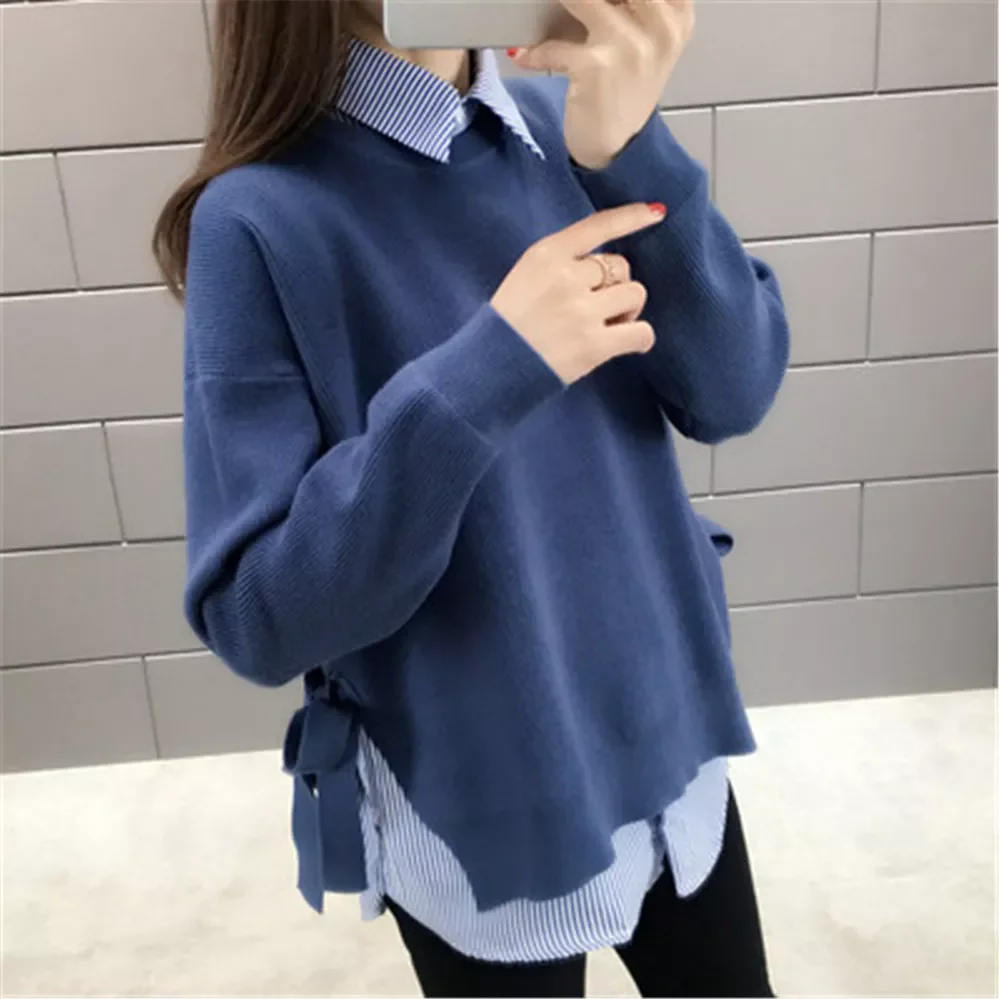 

NEW 2023 Pullover Women Solid Spring Lace Up Stylish Side-slit Korean Style Leisure Plus Size 3XL Loose Womens Sweaters All-matc