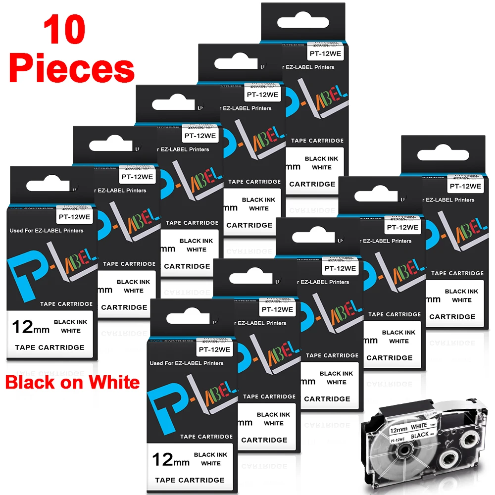 

10PK XR-12WE Labels Compatible for Casio XR12WE XR 12WE 12mm Label Tape Black on White For Casio KL-60 KL-100 KL-120 Label Maker