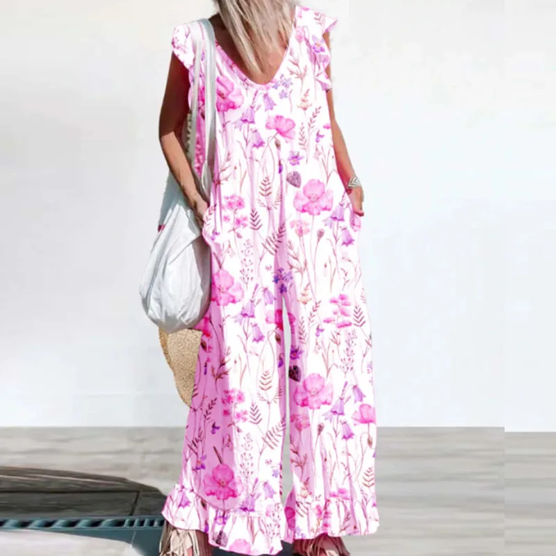 

Women's Elegant V-neck Ruffled Short Sleeve Romper New Fashion Flower Print Beach Playsuit Casual Loose Pocket Wide Leg Jumpsuit