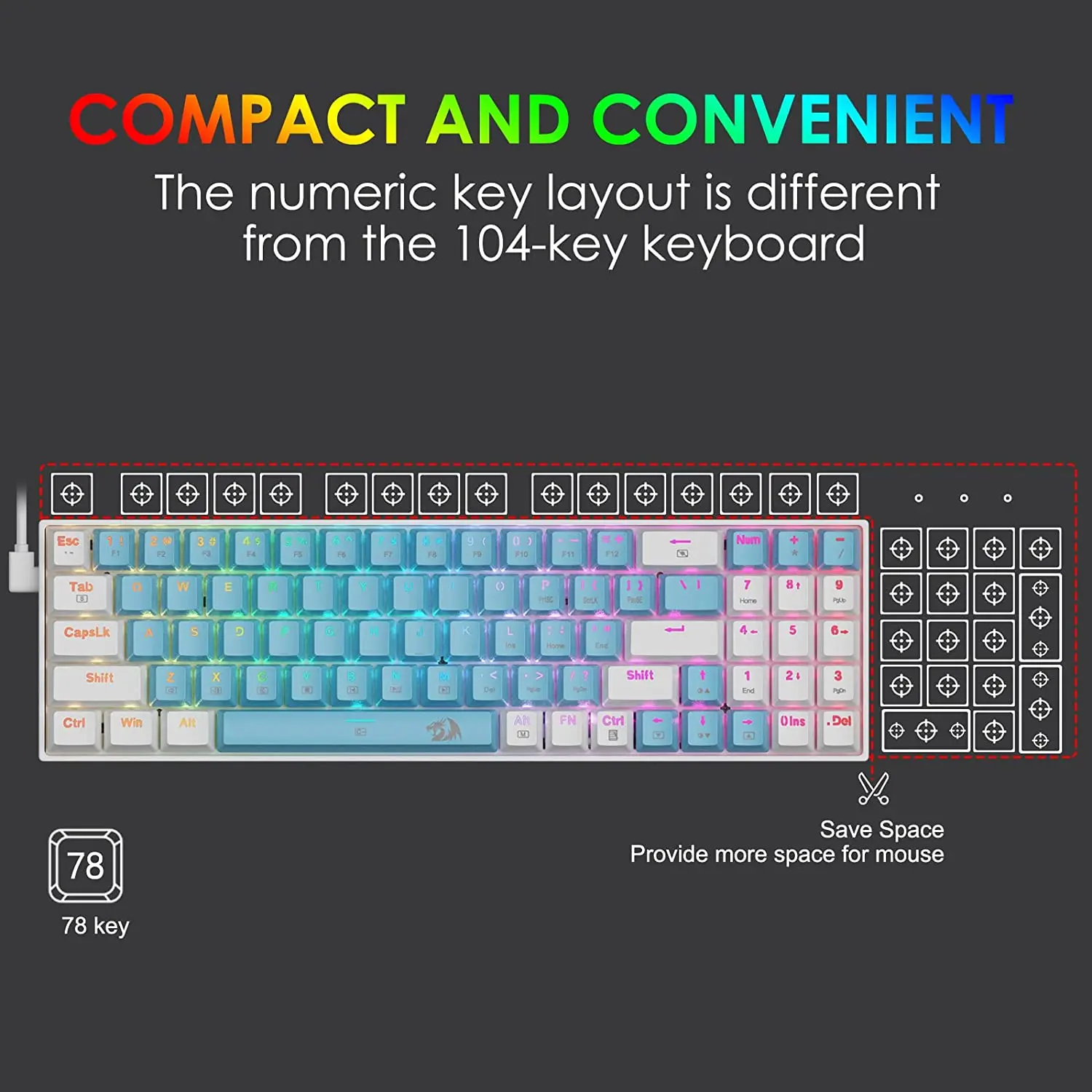 Redragon k688 Mechanical Keyboard Red Blue Switch RGB Lighting with 78 Keys PBT Keycaps for PC Tablet Desktop Gamer - купить по