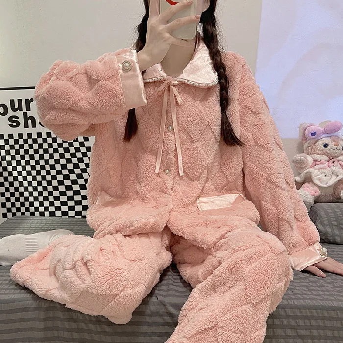 

Winter Ladies Cute Soft Thickened Warm Pajamas 2022 New In Sweet Korean Loungewear Jacquard Flannel Cardigan Pants 2 Piece Set