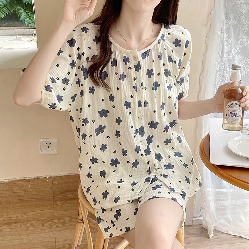 

Pajamas, Women's Summer Cotton Gauze Cardigan Short Sleeved Shorts Two-piece Loose Fitting Home Clothing, Can Be Worn Externally