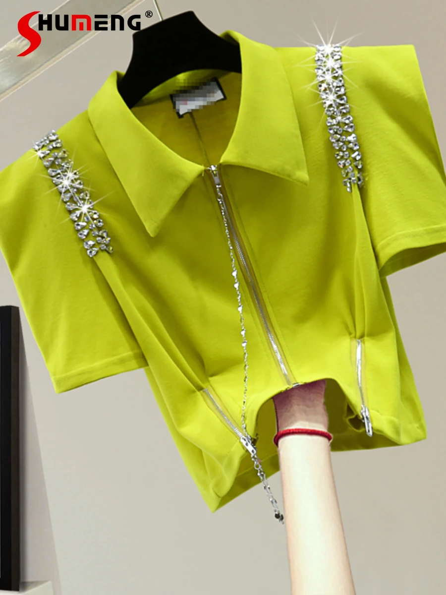 

УКОРОЧЕННЫЙ ТОП стразы на молнии с коротким рукавом-фонариком, женские летние однотонные стройнящие футболки в Корейском стиле со стразами...