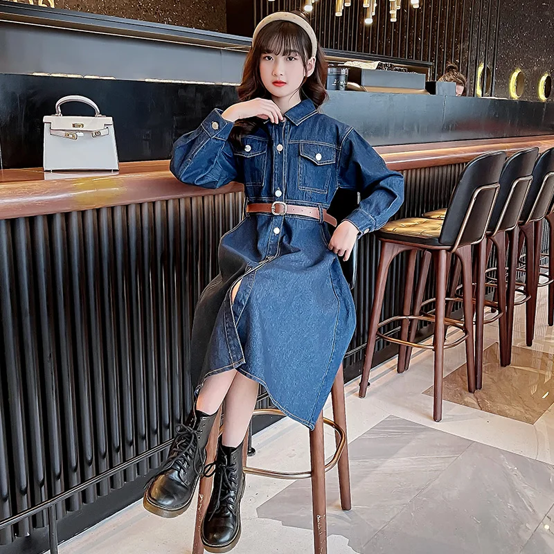 Демисезонное платье для девочек детское джинсовое длинное модная детская одежда