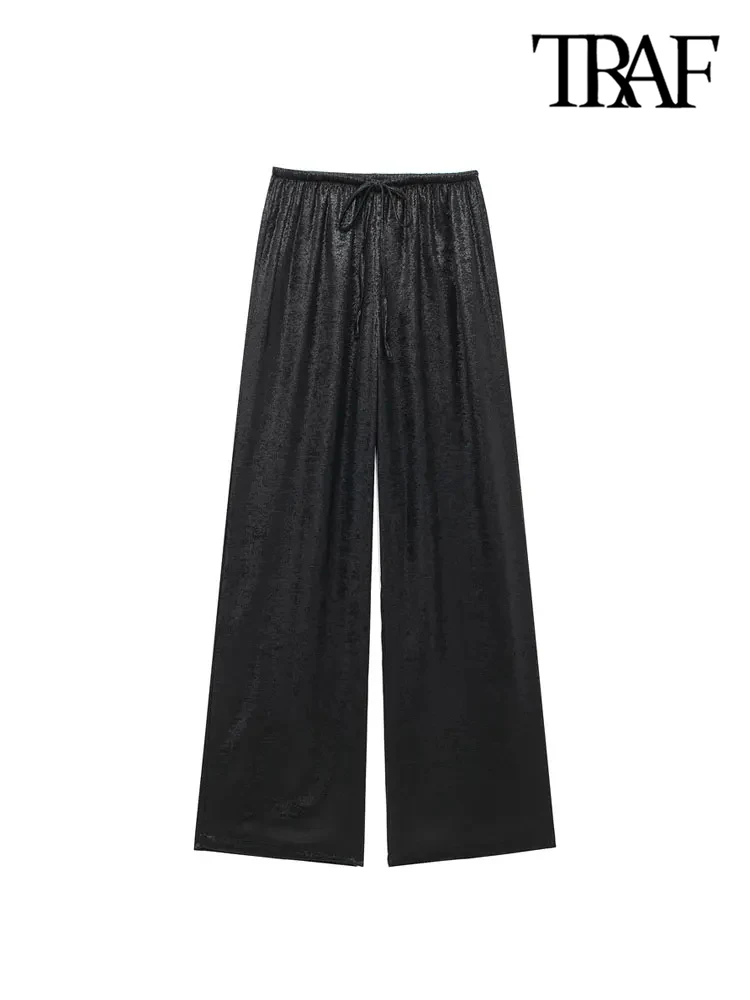 Брюки женские прямые металлические с высокой эластичной талией и кулиской