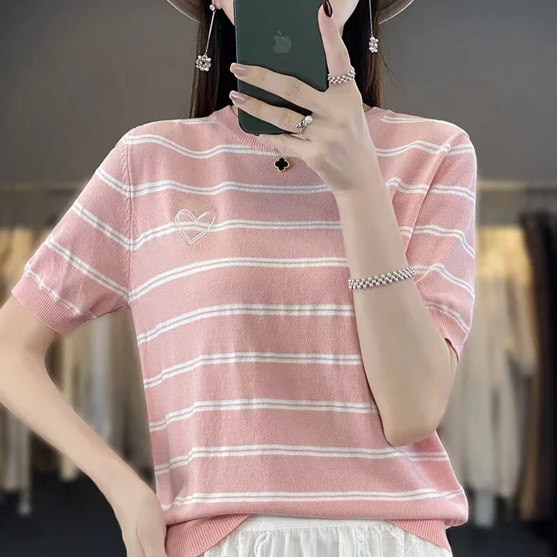 Новая летняя футболка из ледяного шелка в черную полоску с короткими рукавами и