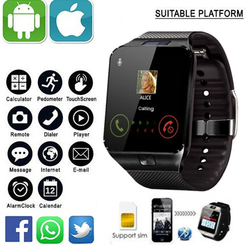 

DZ09 smart card watches movement step meter smart phone watches 2 g SIM TF waterproof camera watches the GSM mobile phone large