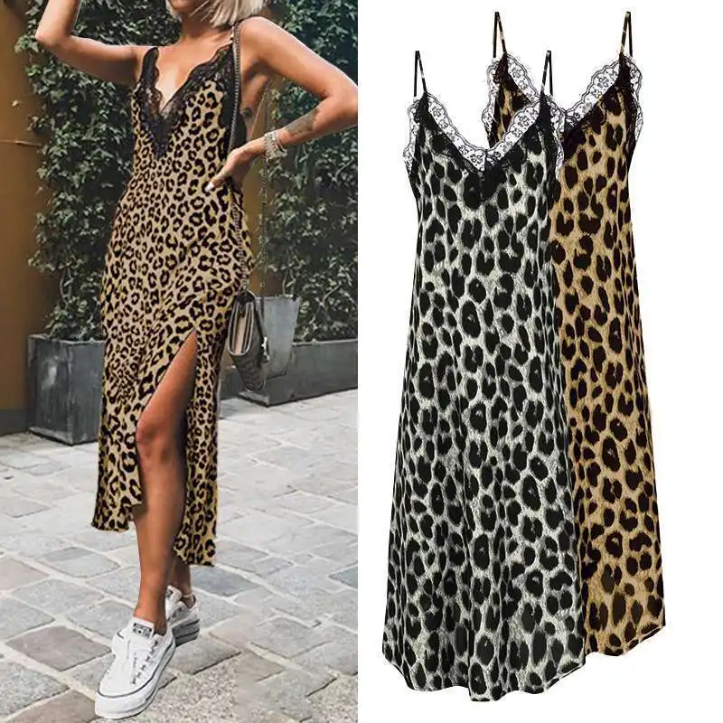 

Donsignet Dresses Women Summer Casual Fashion Sexy Leopard Print Split Ends Lace Sleeveless Mid-Calf A-Line