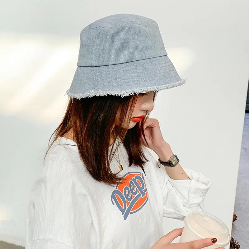 

Spring2021 New Flat Denim Bucket Hats For Women Girl Vintage Designer Short Eaves Harajuku Fisherman Basin Cap Four Seasons