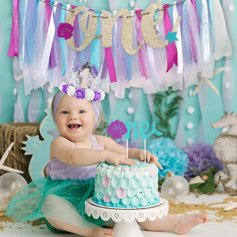 

Тематическая надпись «Русалка», один год, топпер для торта, корона, фотошляпа для первого дня рождения, украшение для девочек, детские принадлежности для душа
