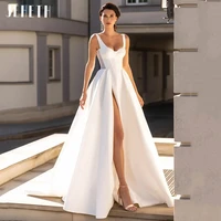 jeheth white satin modern wedding dress for women a line sexy side high split sweep train bridal gown custom vestido de novia