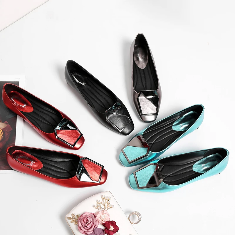 32-43 large blue round head cow leather women's shoes with metal decoration low heel thick heel women's shoes