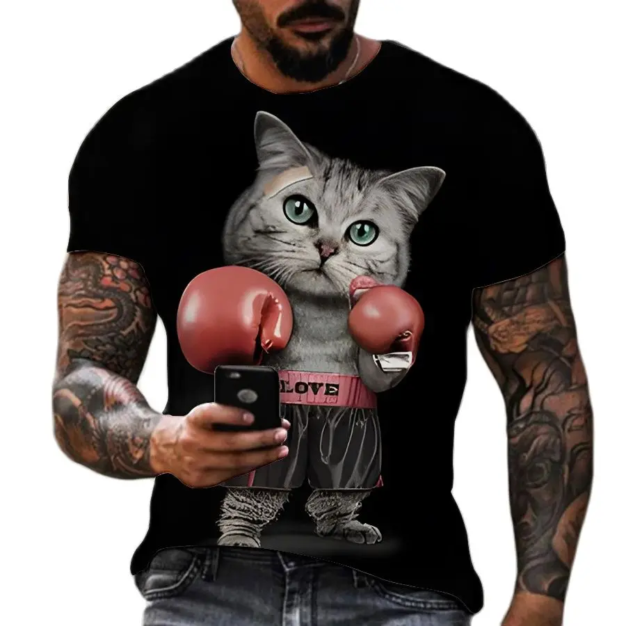 

Men's Summer Short Sleeve T-shirt 3D Print Boxing Cat O-neck Top Boys Trend Personality Casual Pullover Fashion Shirt Tees
