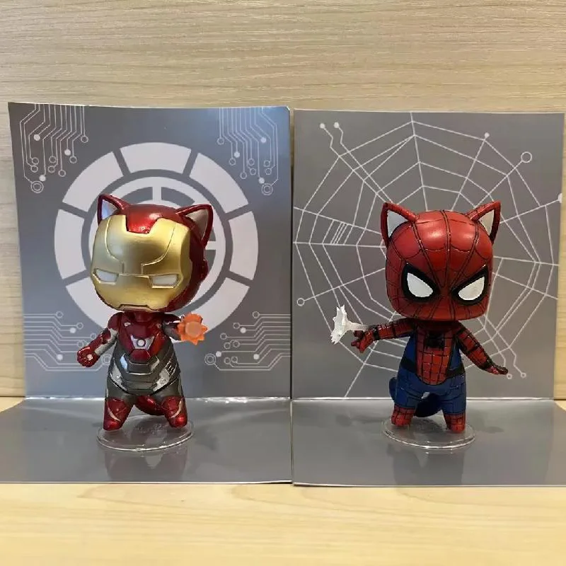 Disney 8cm Avengers Q Version Iron Man Spider-Man Cos Cat Modeling Scene Decoration Boxed Figure Kawaii Toys Kids Birthday Gift