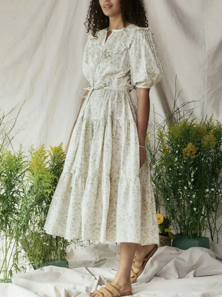 

Floral Print Women long Dress Puff Sleeve Lace-up O-neck Front Buttons Female Stitching Ruffles Midi Robe with Sashes 2022 new