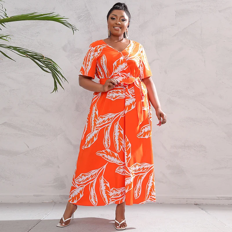 Plus Size 5xl High Waist V-neck Long Dresses Elegant Printed Black Sexy Summer Boho Dress Streetwear Vintage 3xl 4xl 5xl 6xl