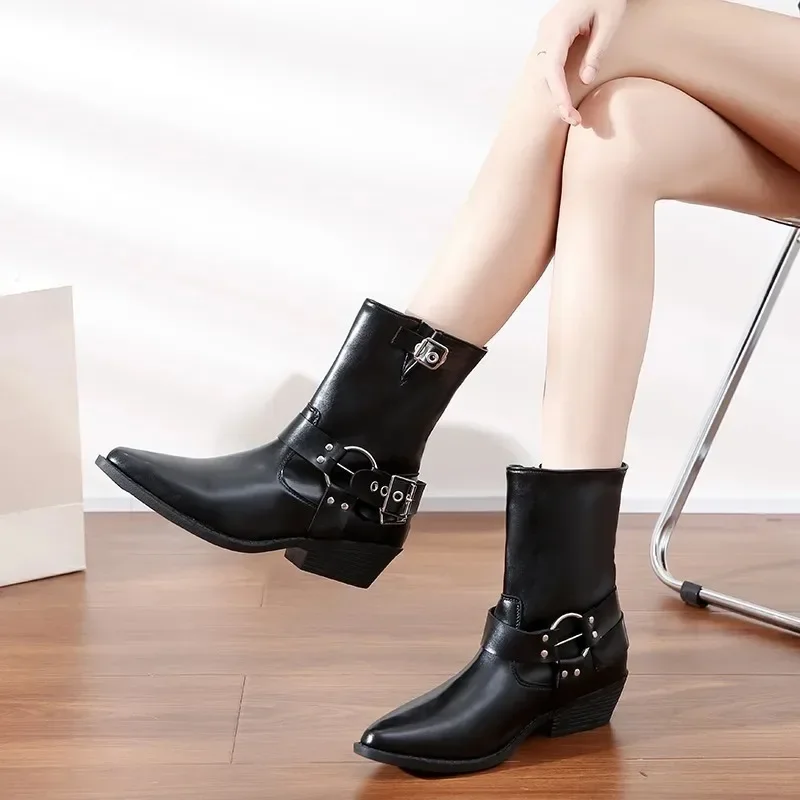 

Women's Shoes 2023 Hot Sale Belt Buckle Women's Boots Fashion Metal Decoration New Slip-on Winter Solid Ankle Boots Shoes Female