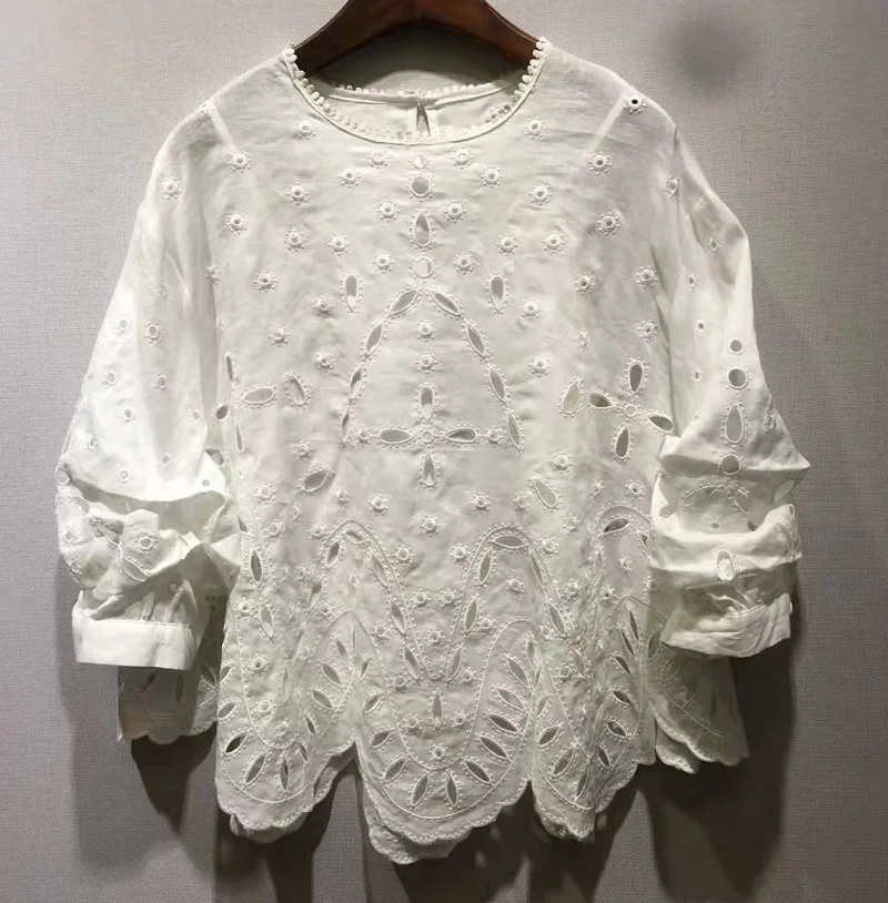 High Quality Designer Blouse 2022 Spring Summer Linen Tops Women Hollow Out Embroidery 3/4 Sleeve Casual White Black Tops Female