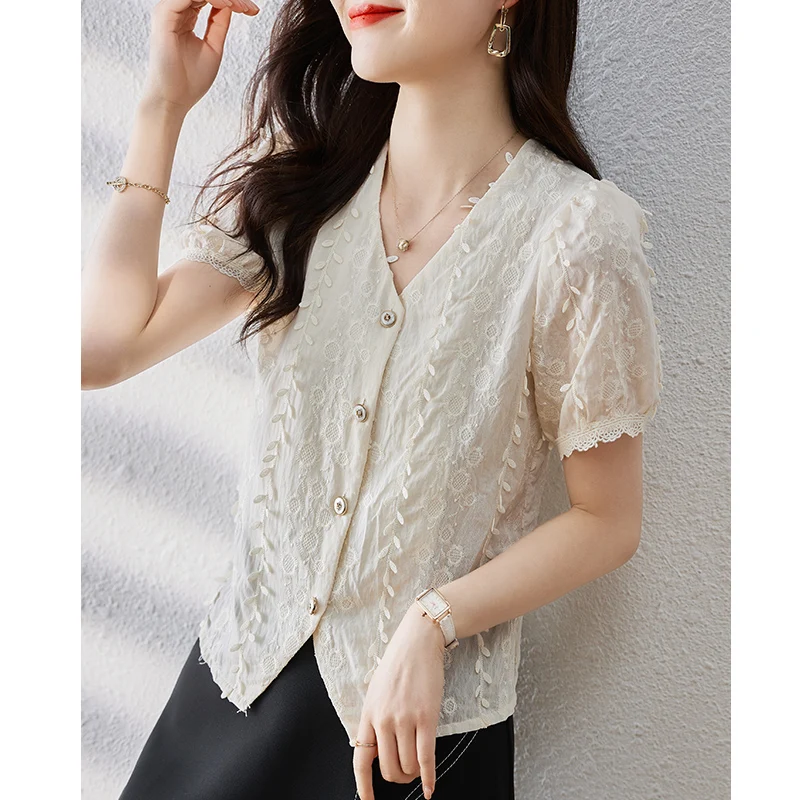 

Summer Women Short Sleeved V-neck Fringe Ruffled Solid Color Bubble Sleeved Shirt Womens Tops Blouse Women Camisas De Mujer C456