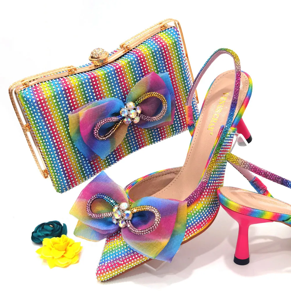 

2022 New Arrival Italian Design African Fashon Special Flower Style Decoration Rainbow Color Noble Ladies Shoes and Bag Set