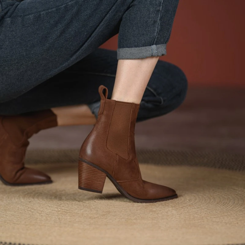 NEW Fall/Winter Women Shoes Pointed Toe Chunky Heel Boots Genuine Leather Black Boots for Women Fashion Hight Heel Modern Boots