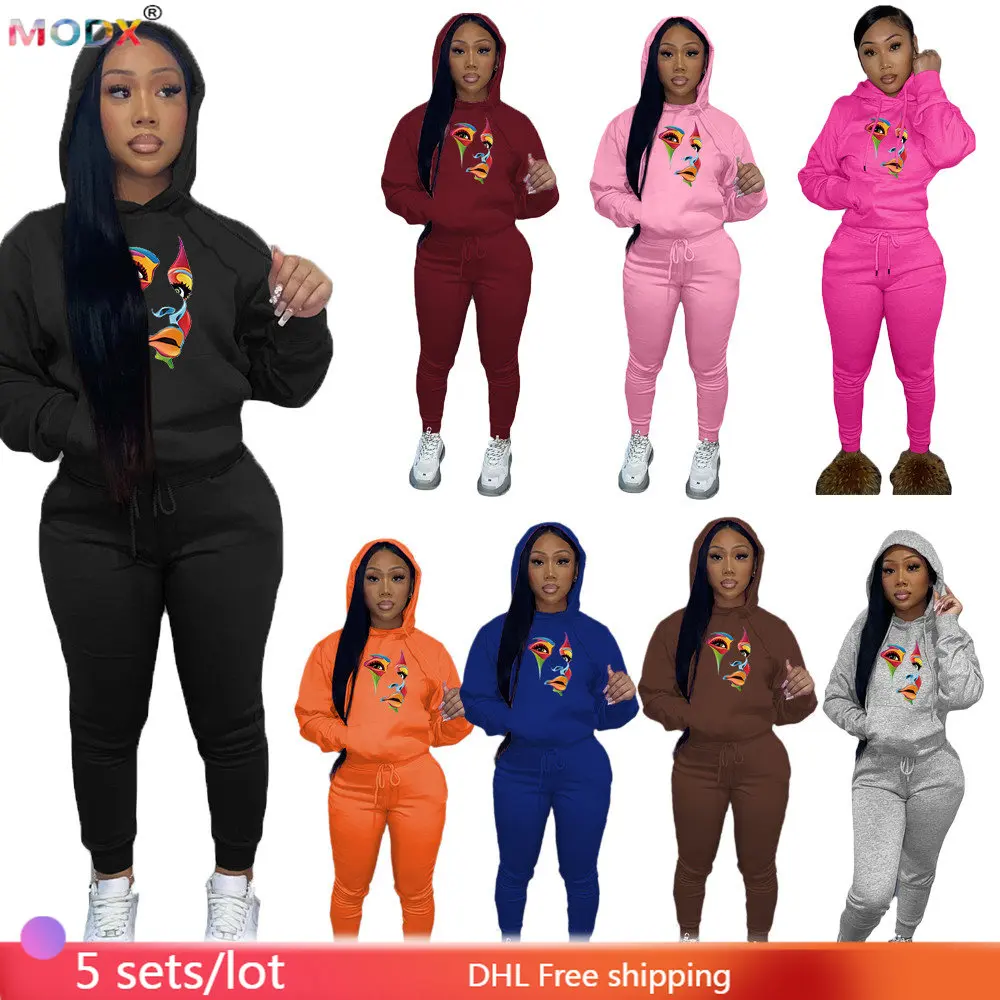 

5 Wholesale Jogging Suit Women Tracksuits Casual Print Hoodies Pants 2 Piece Set Lady Outfit Long Sleeve Sportswear Clothes 8915
