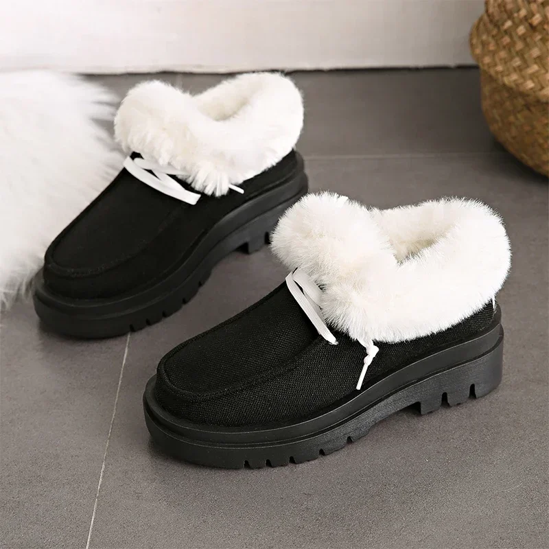 Женские ботинки на плоской подошве платформе теплая прогулочная зимняя обувь