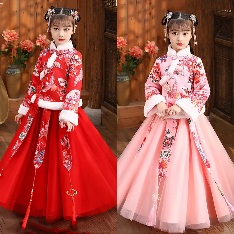 

Red Retro Hanfu For Girls Kids Chinese Cheongsam Embroidery Princess Dress Traditional New Year Outfit Tang Suit Ming Dynasty