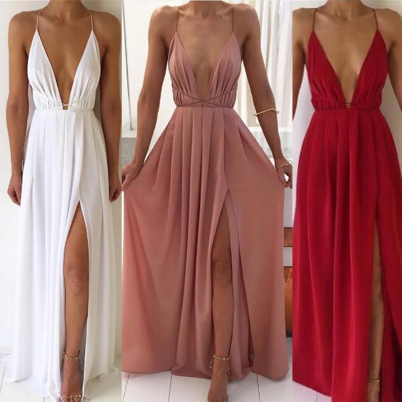 

Summer fashion sexy V-neck low cut suspender backless women chiffon skirt bohemian dress women's wear