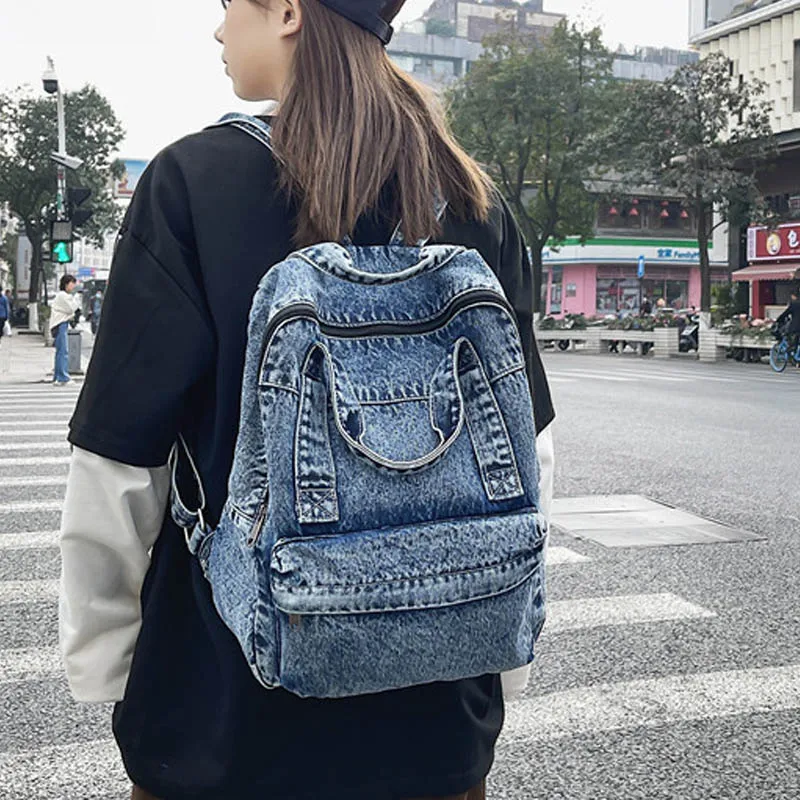 

Denim Backpack For Women And Men Casual Large Capacity Laptop Bagpack College Student School Bags Book Fashion Blue Travel Bag